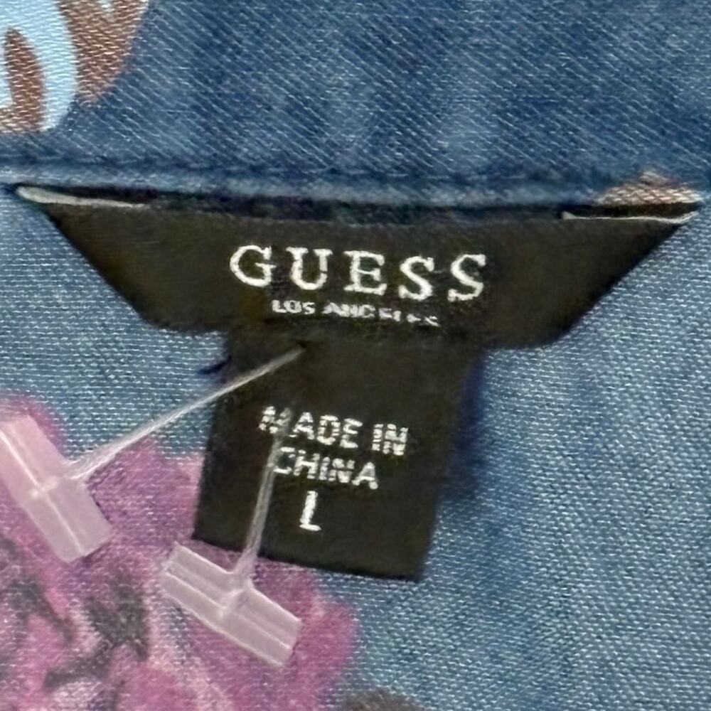 Guess Denim Floral Button Front Shirt Blue Pink Flowers Size Large100% Cotton - Picture 4 of 5